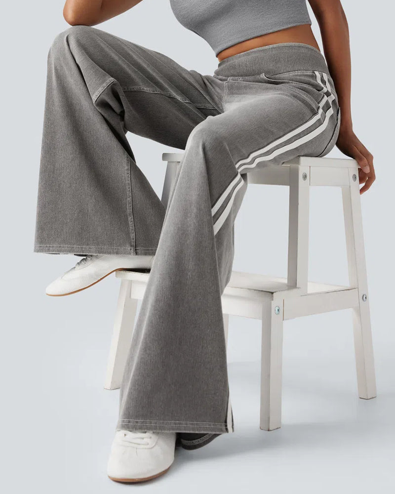 Casual High-Waist Striped Wide-Leg Washed Pocket Jeans
