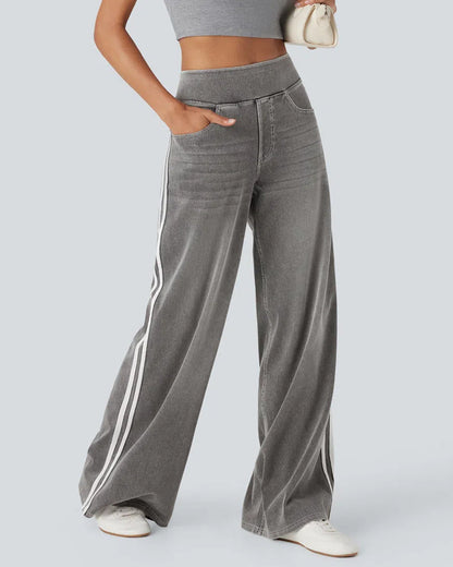 Casual High-Waist Striped Wide-Leg Washed Pocket Jeans