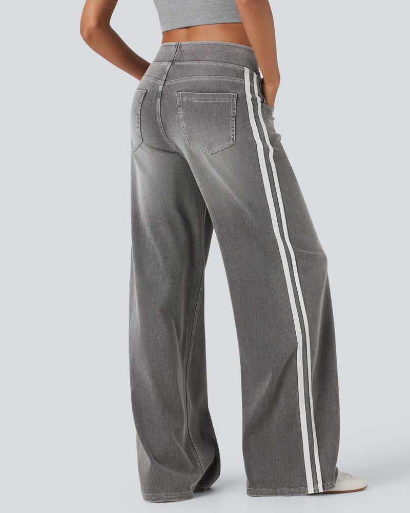 Casual High-Waist Striped Wide-Leg Washed Pocket Jeans