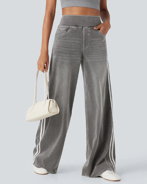 Casual High-Waist Striped Wide-Leg Washed Pocket Jeans