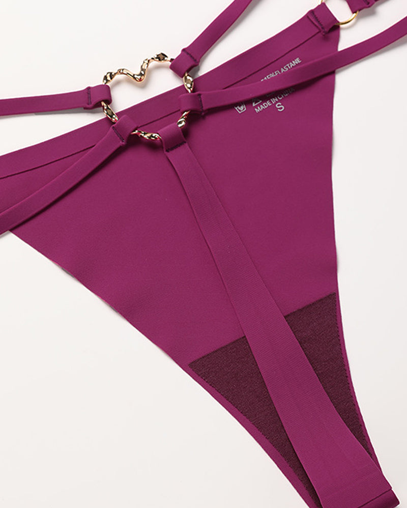 Seamless Double-Strap Heart Metal Ring Design Sexy Thong