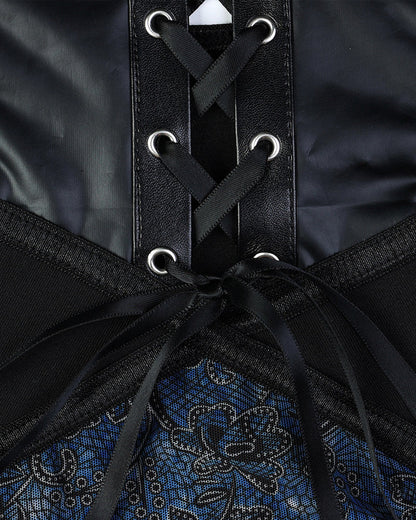 Retro Printed Mesh and PU Leather Cross-Strap Bow Bodysuit