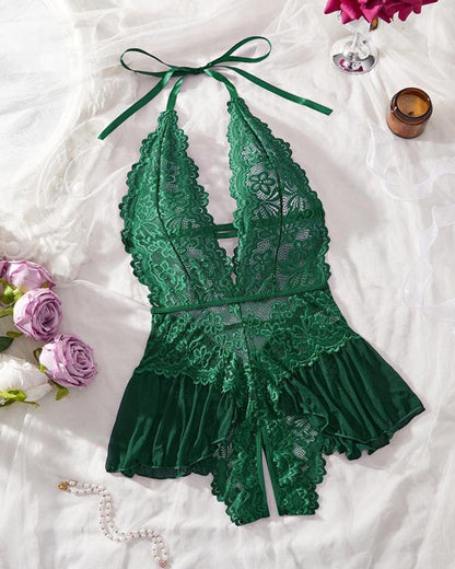 Sexy Hollow Lace See-through Suspenders Open Crotch One-piece Pajamas