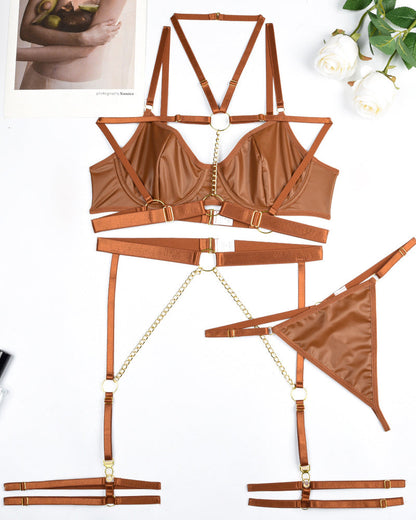 Sexy Chain Halterneck Leather Pajamas Set