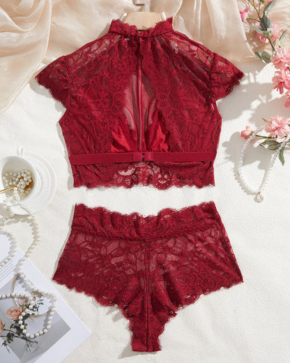 High Neck Lace Sheer Mesh Backless Bra Underwear Set