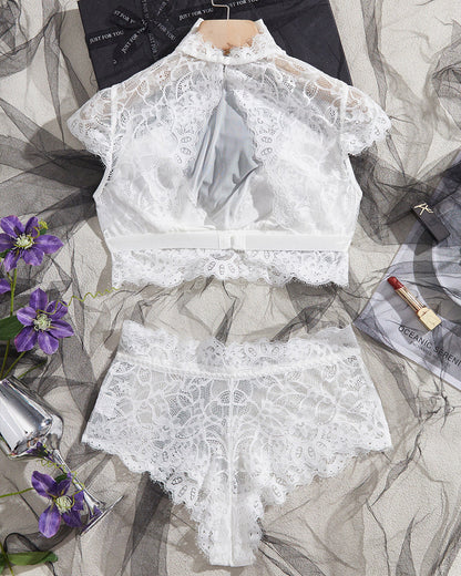 High Neck Lace Sheer Mesh Backless Bra Underwear Set