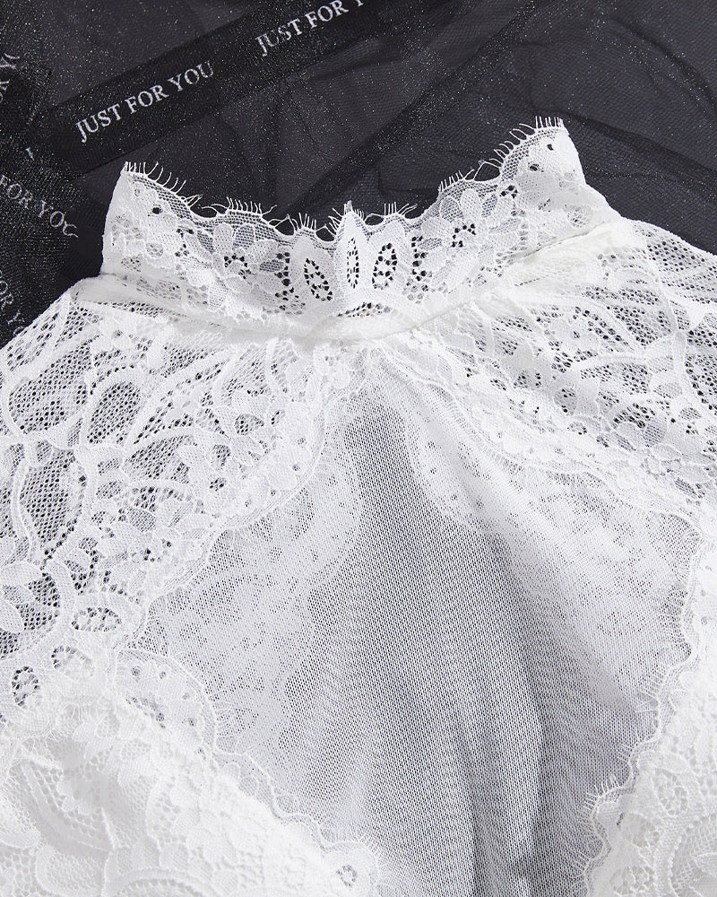 High Neck Lace Sheer Mesh Backless Bra Underwear Set