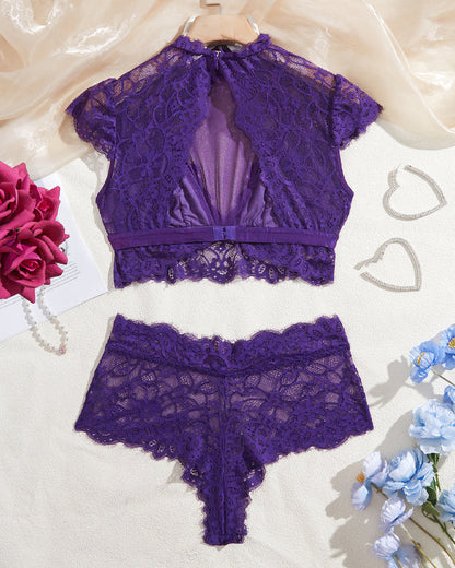 High Neck Lace Sheer Mesh Backless Bra Underwear Set