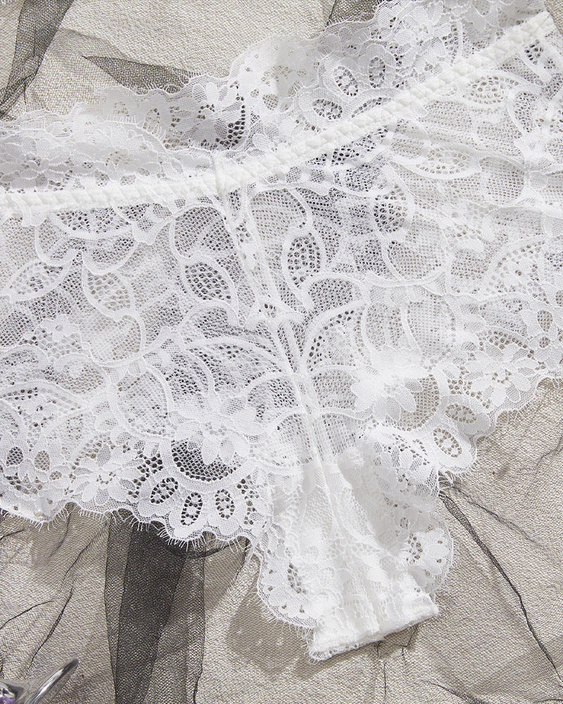 High Neck Lace Sheer Mesh Backless Bra Underwear Set