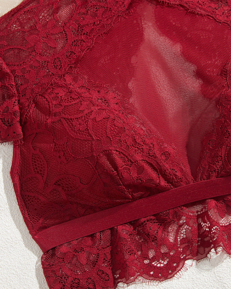 High Neck Lace Sheer Mesh Backless Bra Underwear Set