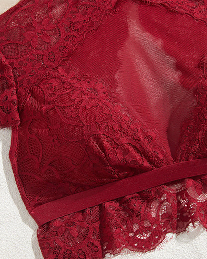 High Neck Lace Sheer Mesh Backless Bra Underwear Set