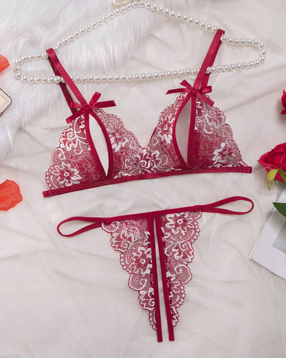 Sexy Floral Lace Exposed Breast Bra and Crotchless Thong Panty Set