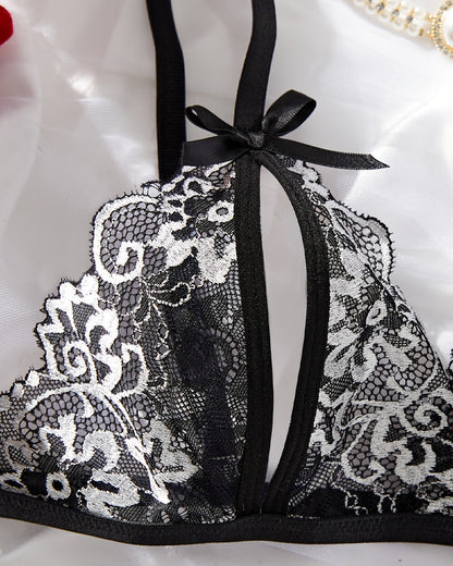 Sexy Floral Lace Exposed Breast Bra and Crotchless Thong Panty Set