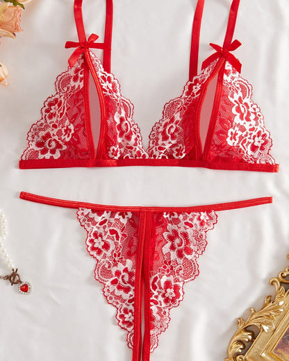 Sexy Floral Lace Exposed Breast Bra and Crotchless Thong Panty Set