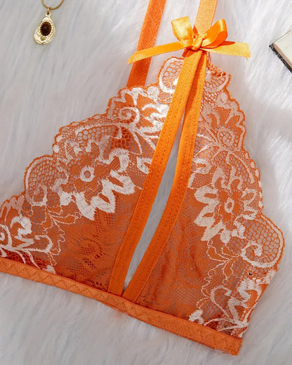 Sexy Floral Lace Exposed Breast Bra and Crotchless Thong Panty Set