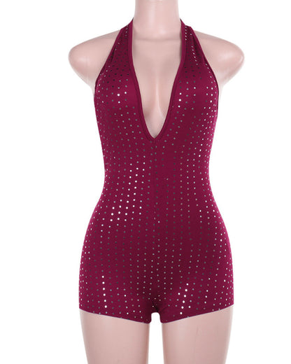 Sexy Slim Fit Deep V Jumpsuit with Rhinestones