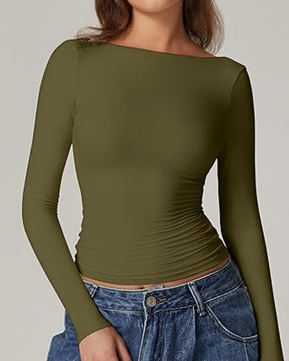 Women's Sexy Open Back Seamless Turtleneck Double Lined Slim Fit Long Sleeve Top
