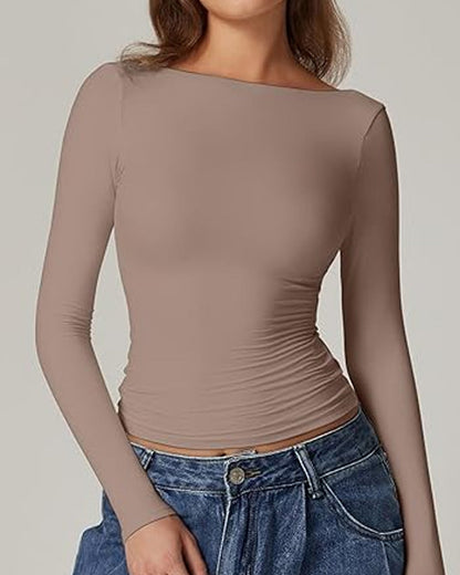Women's Sexy Open Back Seamless Turtleneck Double Lined Slim Fit Long Sleeve Top