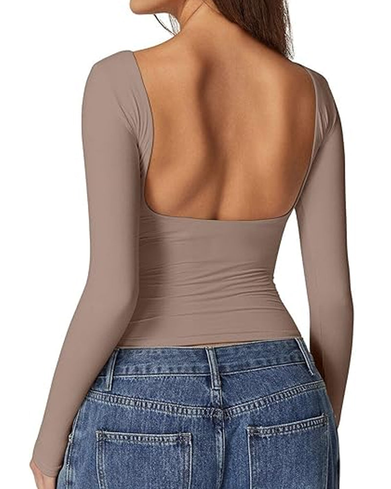 Women's Sexy Open Back Seamless Turtleneck Double Lined Slim Fit Long Sleeve Top