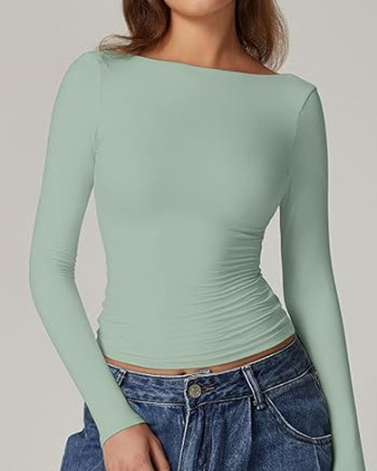 Women's Sexy Open Back Seamless Turtleneck Double Lined Slim Fit Long Sleeve Top