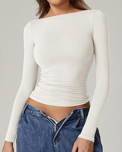 Women's Sexy Open Back Seamless Turtleneck Double Lined Slim Fit Long Sleeve Top