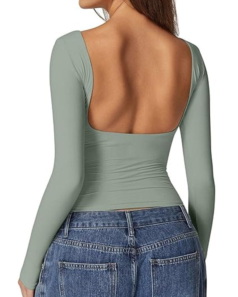 Women's Sexy Open Back Seamless Turtleneck Double Lined Slim Fit Long Sleeve Top