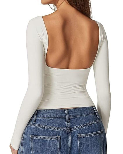 Women's Sexy Open Back Seamless Turtleneck Double Lined Slim Fit Long Sleeve Top