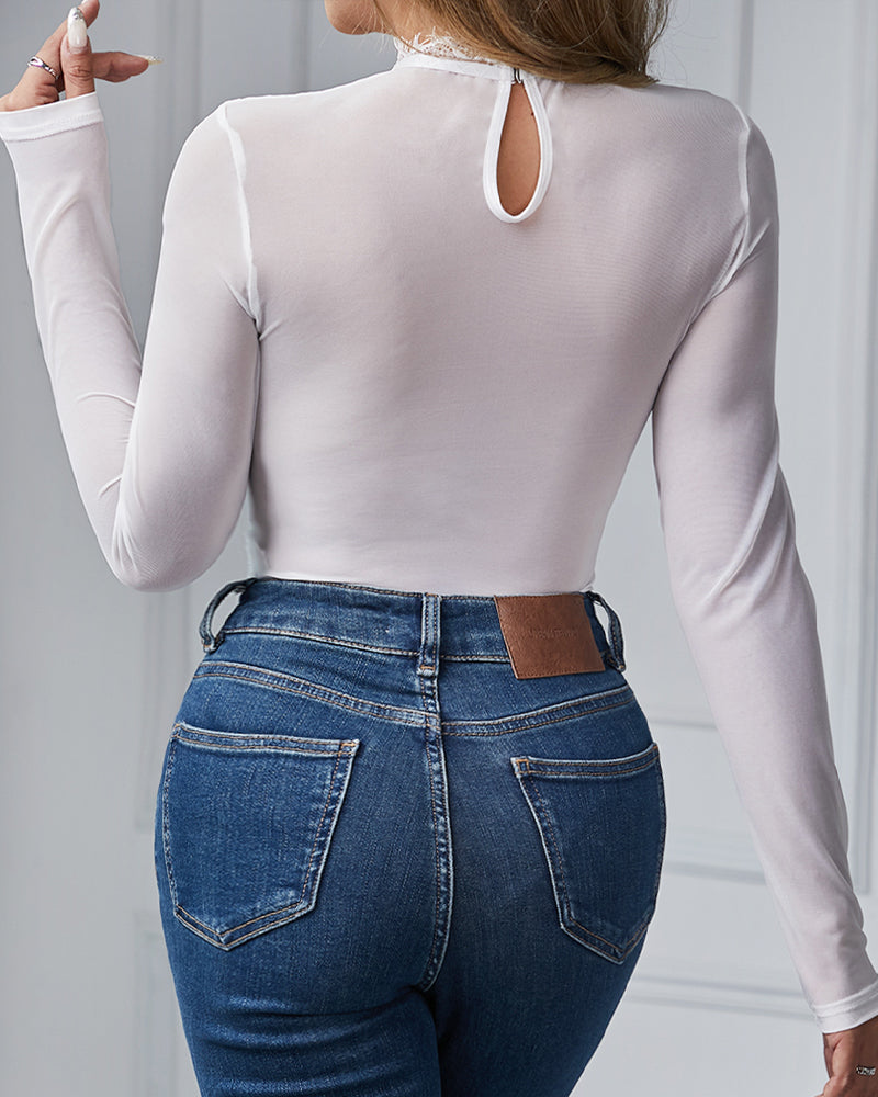Sexy Round Neck Lace Mesh See-through Slim Long Sleeve Tights Bodysuit