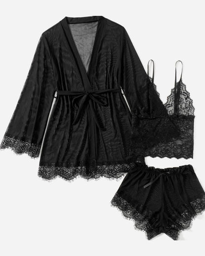 Sexy Lace Tulle Pajamas Three-piece Set