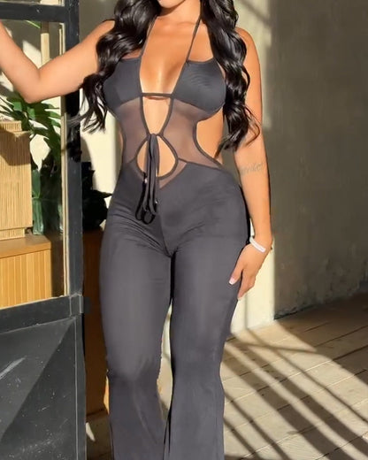 Sexy Sleeveless Halterneck Backless Slightly Flared Wide-leg Jumpsuit