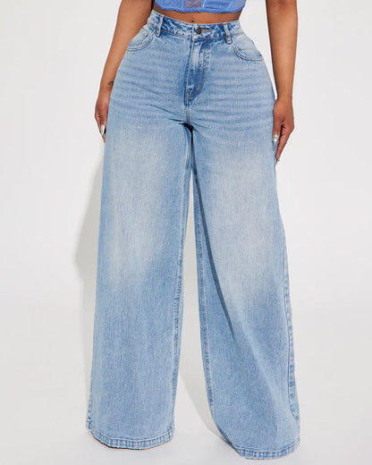 Washed Wide-leg Jeans With A Bow Design At The Back Waist