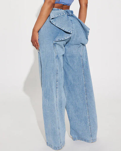 Washed Wide-leg Jeans With A Bow Design At The Back Waist
