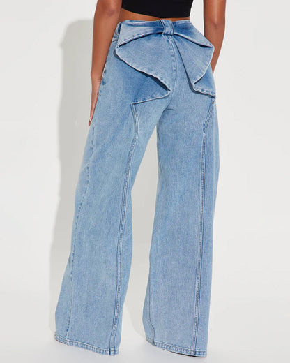 Washed Wide-leg Jeans With A Bow Design At The Back Waist