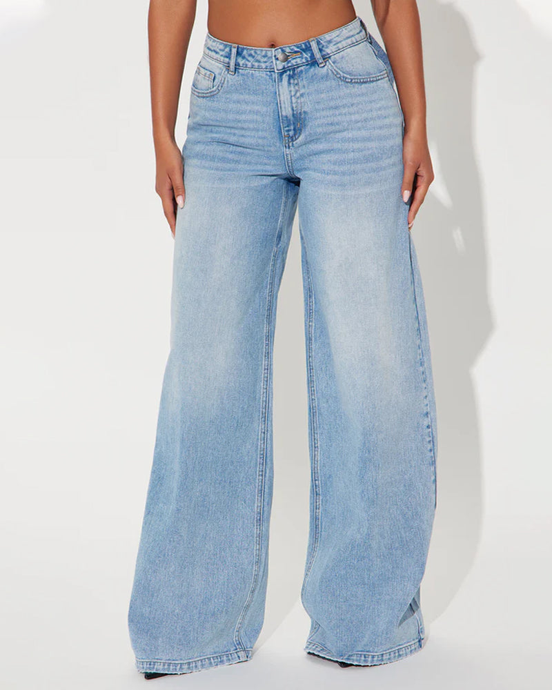 Washed Wide-leg Jeans With A Bow Design At The Back Waist