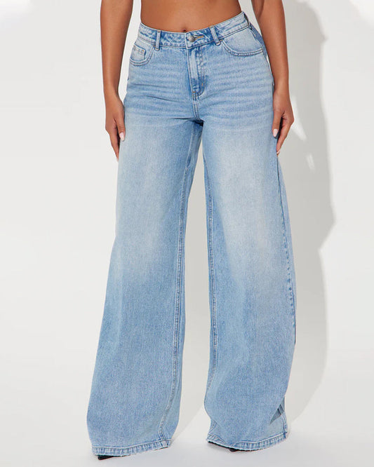 Washed Wide-leg Jeans With A Bow Design At The Back Waist