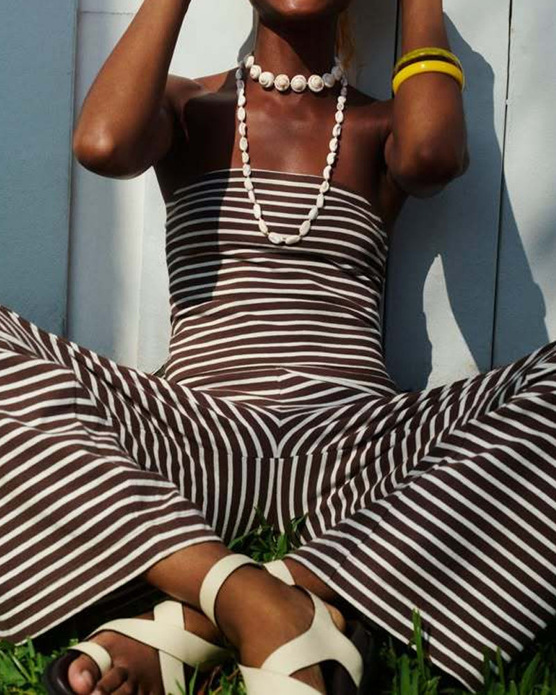 Women's Striped Print Casual Short Tube Top Wide-leg Pants Suit