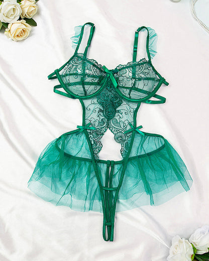 Sexy Lace Mesh Open Crotch Hollow Back One-piece Pajamas