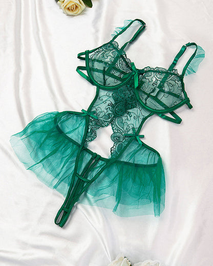 Sexy Lace Mesh Open Crotch Hollow Back One-piece Pajamas