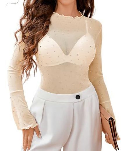 Women's Mesh Transparent Sequined Flared Long Sleeve T-shirt Top