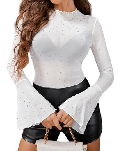 Women's Mesh Transparent Sequined Flared Long Sleeve T-shirt Top