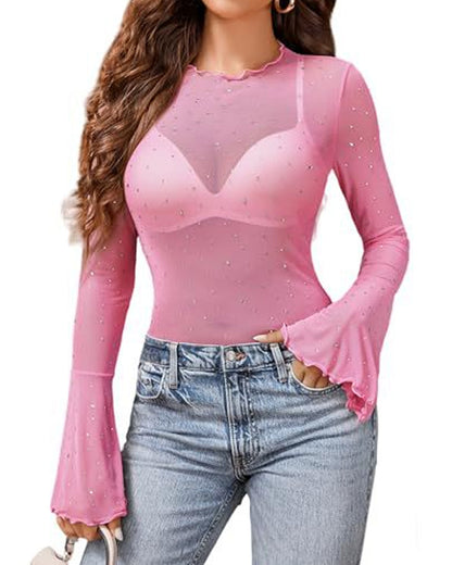 Women's Mesh Transparent Sequined Flared Long Sleeve T-shirt Top