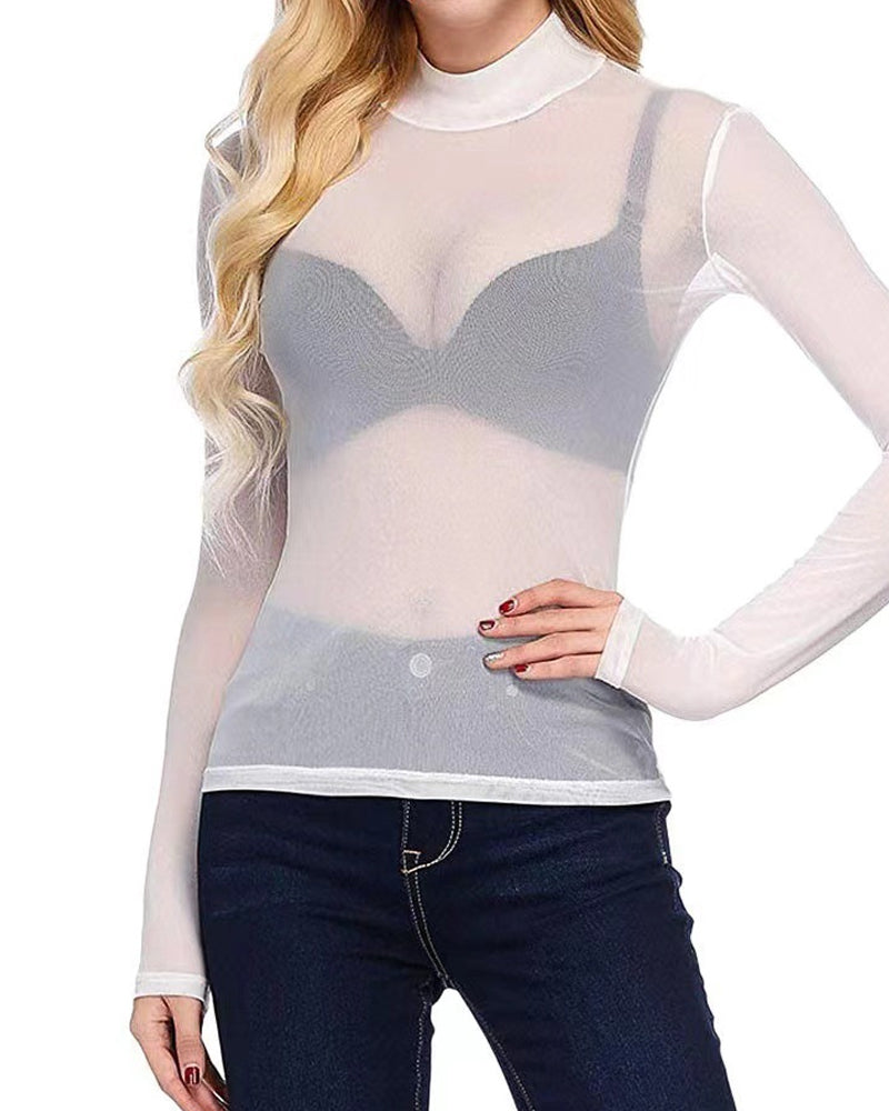 Sexy See-through High-neck Elastic Tight Long-sleeved Mesh T-shirt