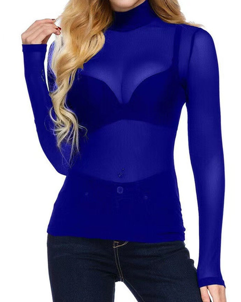Sexy See-through High-neck Elastic Tight Long-sleeved Mesh T-shirt