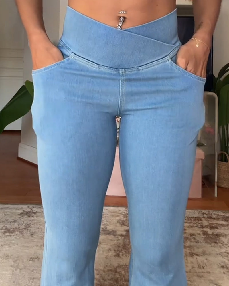 High-waisted Cross-pocket Stretch Flared Washed Casual Jeans