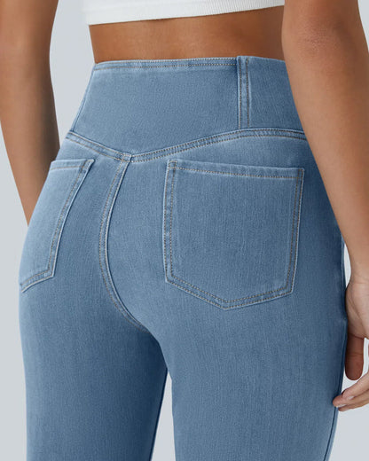 High-waisted Cross-pocket Stretch Flared Washed Casual Jeans