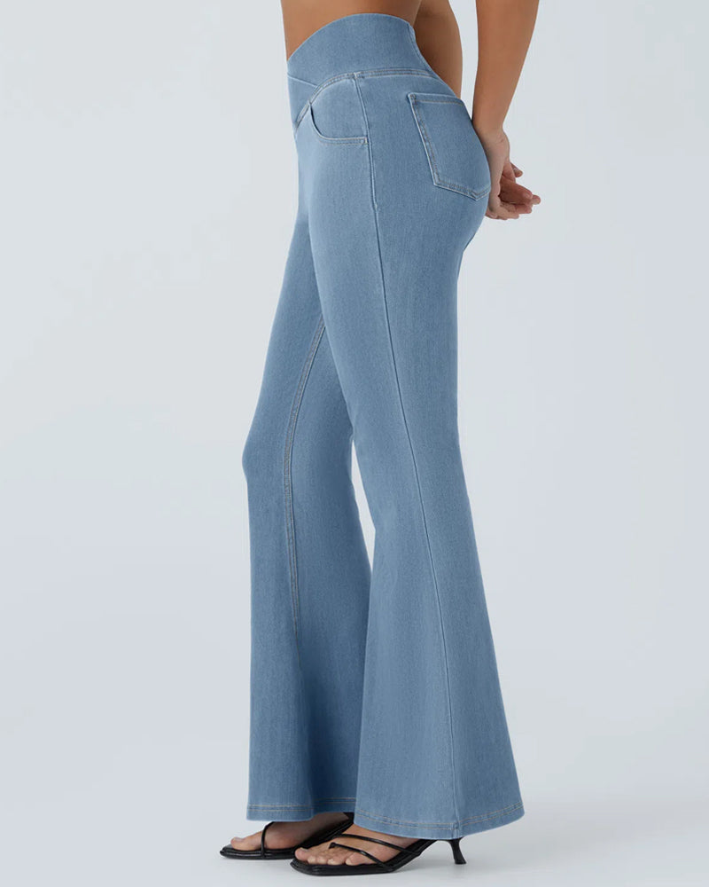 High-waisted Cross-pocket Stretch Flared Washed Casual Jeans