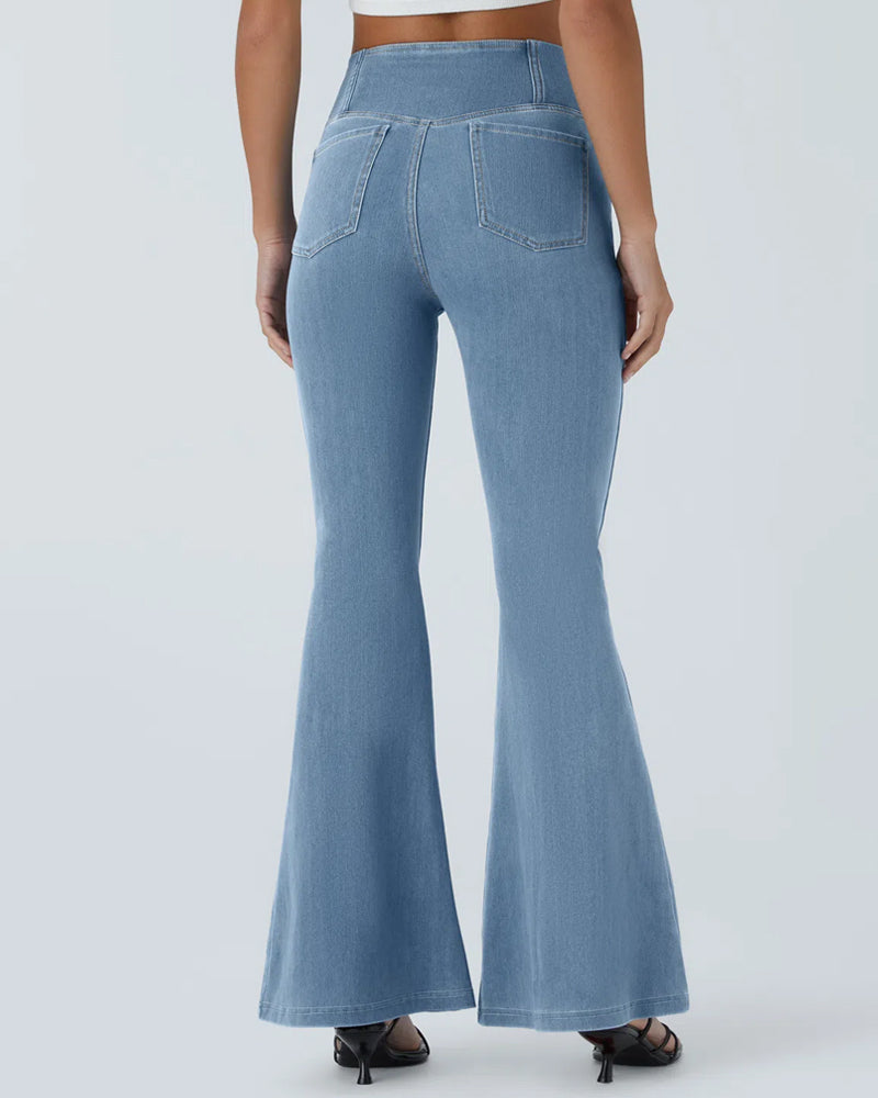 High-waisted Cross-pocket Stretch Flared Washed Casual Jeans