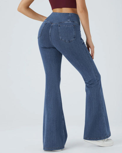 High-waisted Cross-pocket Stretch Flared Washed Casual Jeans