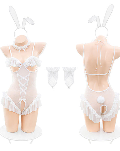 Sexy Bunny Girl Open Crotch See-through Lace Bodysuit Set