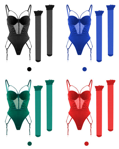 Sexy Hollow Backless Mesh Push-up Bra Bodysuit with Stockings Set